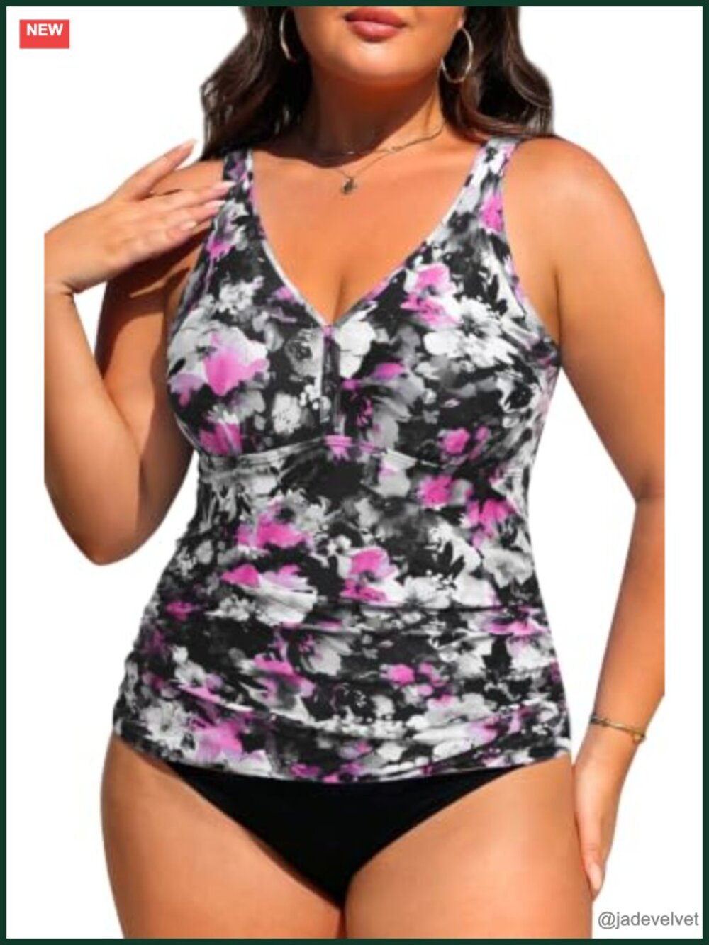 Plus Size Tankini Top Only Tummy Control V Neck Swim Top Removable Cups